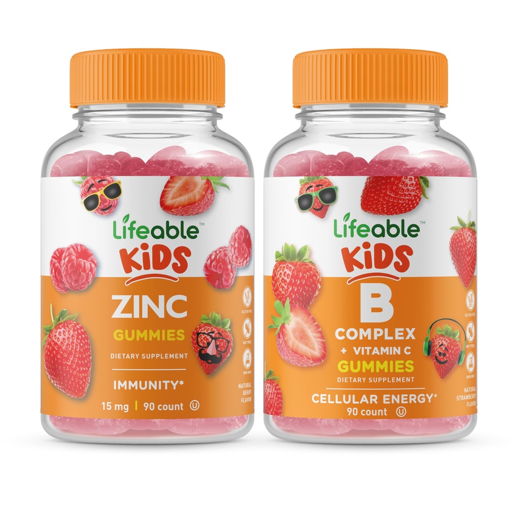 Življenjski cink otroci + B kompleksni otroci, Gummies Bundle - odličen okus, vitaminski dodatek, Gluten brezplačno, GSO brezplačno, žvečljivi gumi