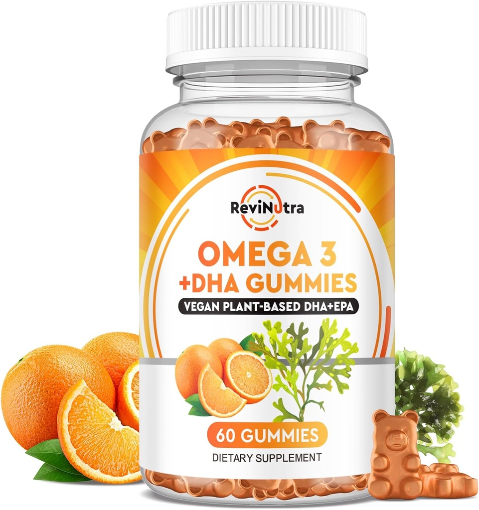 Omega 3 Gumies, Omega 3 ribje olje dopolnila Alternativna z EPA & DHA, CoQ10, Folat, Vitamin A, D3, E, Podpira možgane, Joint, Srce, Oko, in imunski sistem funkcijo Oranžna aroma, 60 Gumies