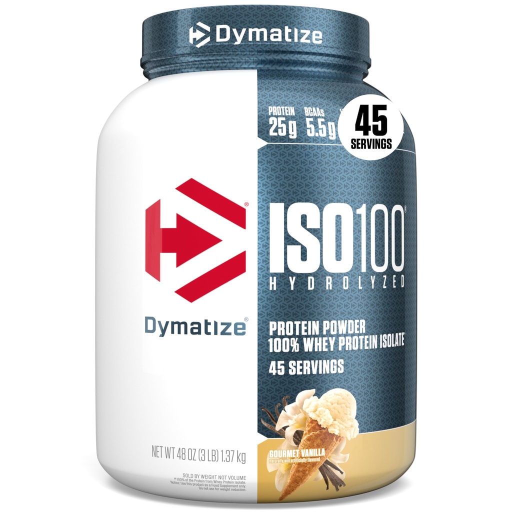 Dymatize ISO100 Whey Protein Powder Isolate, Vanilla, 25g beljakovin, 3 funti, 5,5g BCAA, manj kot 120 Cal., Gluten Free, 1g maščobe, 1g sladkorja, 2g ogljikovih hidratov (45 servivi)
