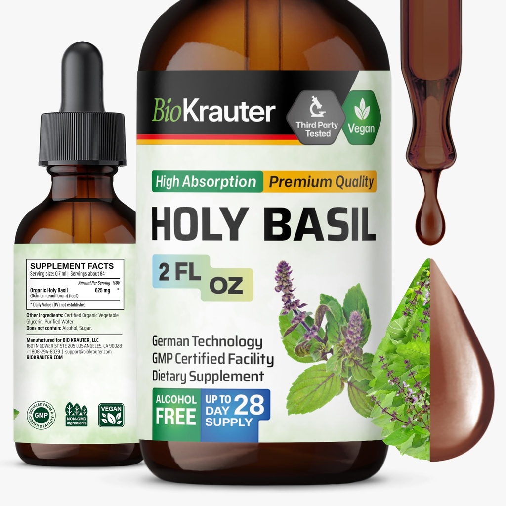BIO KRAUTER Sveti Basil Tinkture - Tulsi Powder Tekoči ekstrakt - Podpira Mirnost in sprostitev - Urzolna kislina dodatek - Alkohol in sladkor brez - Veganske kapljice 2 Fl.Oz.