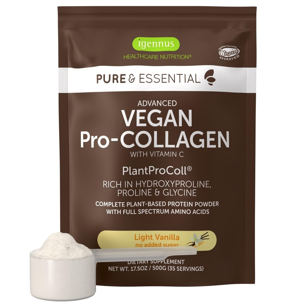 Igennus Advanced Vegan Vanilla Collagen Peptide Powder, okrepljen z Glycine, Proline & Hydroxyprolin & Cofactor Vitamin C, Non GSO, Vegetarian Rastlina temelji Kolagen Powder Booster, 35 Servinges