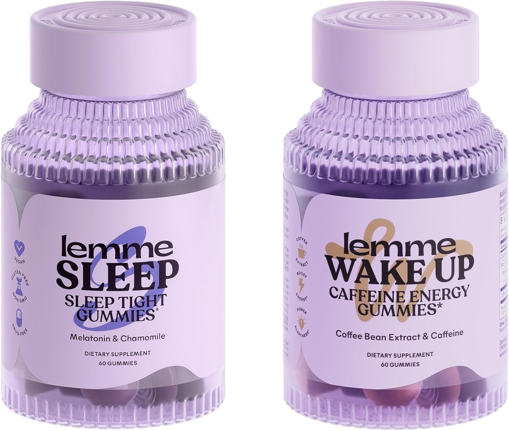 Lemme Sleep in zbudite bundele - Sleep Gummies za boljši nočni počitek & zbudite Caffeine Gummies za energijo - Gluten-free, Non-GMO, 60 Štetje vsak