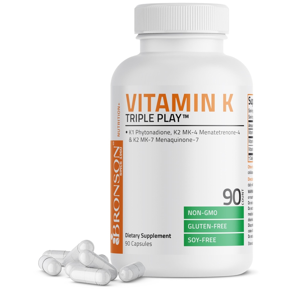 Bronson Vitamin K Trojna igra (vitamin K2 MK7 / vitamin K2 MK4 / vitamin K1) Celoten spekter kompleks Vitamin K Dopolnilo, 90 kapsul