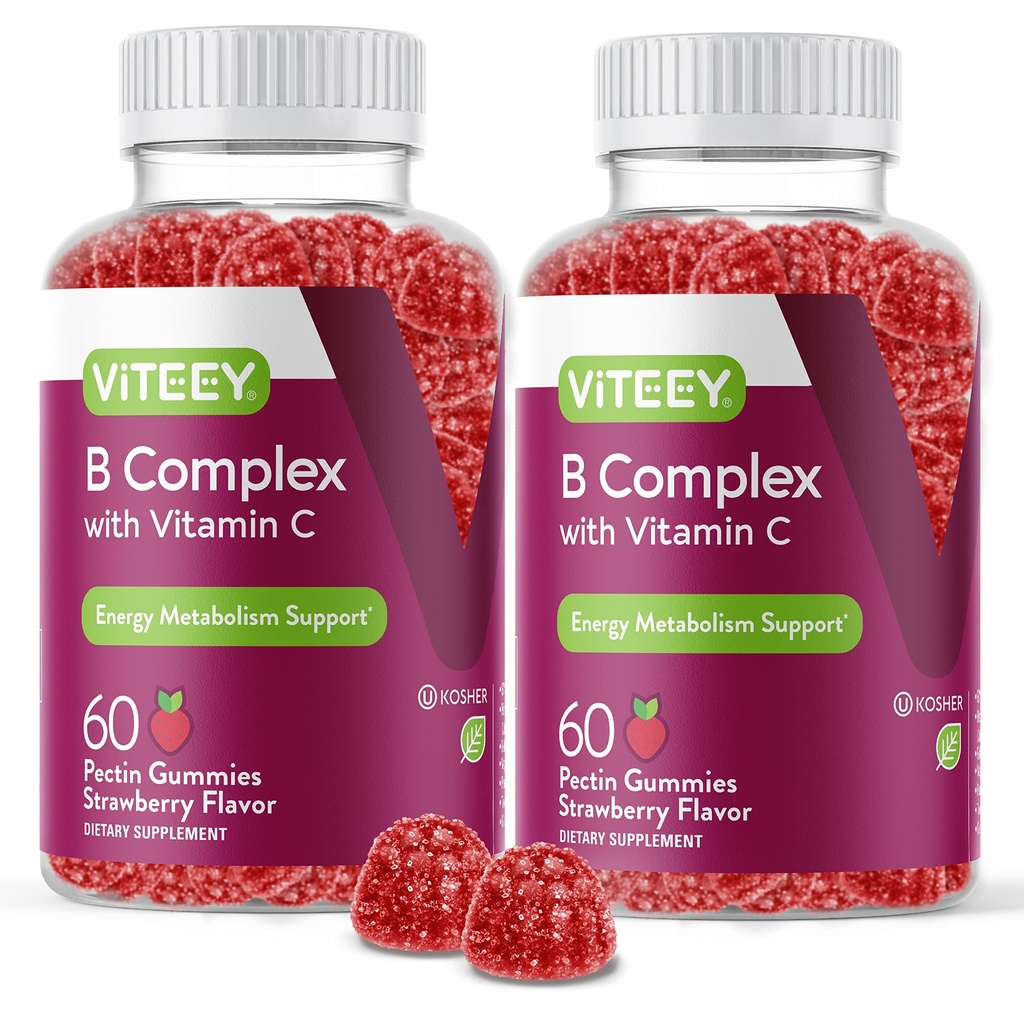 Viteey Vitamin B Complex Gumies with Vitamin C - Energy, Presnova in Imunska podpora - B6, B12, Niacin, Folna kislina, Biotin, Kalcij - Vegan, Gluten-free - 120 Count
