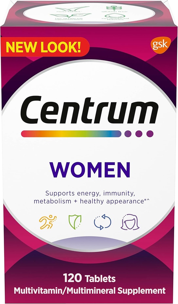 Centrum Multivitamin za ženske, Multivitamin/Multimineral dodatek z železom, vitamin D3, B Vitamini in antioksidanti Vitamini C in E, Gluten brez, Ne-GMO sestavine - 120 Število