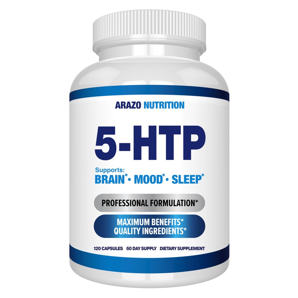 5-HTP 200 MG na serviranje plus kalcij za razpoloženje, spanje – podpira miren in sproščen razpoloženj – 99% visoka čistost – 120 kapsul – Arazo Nutrition
