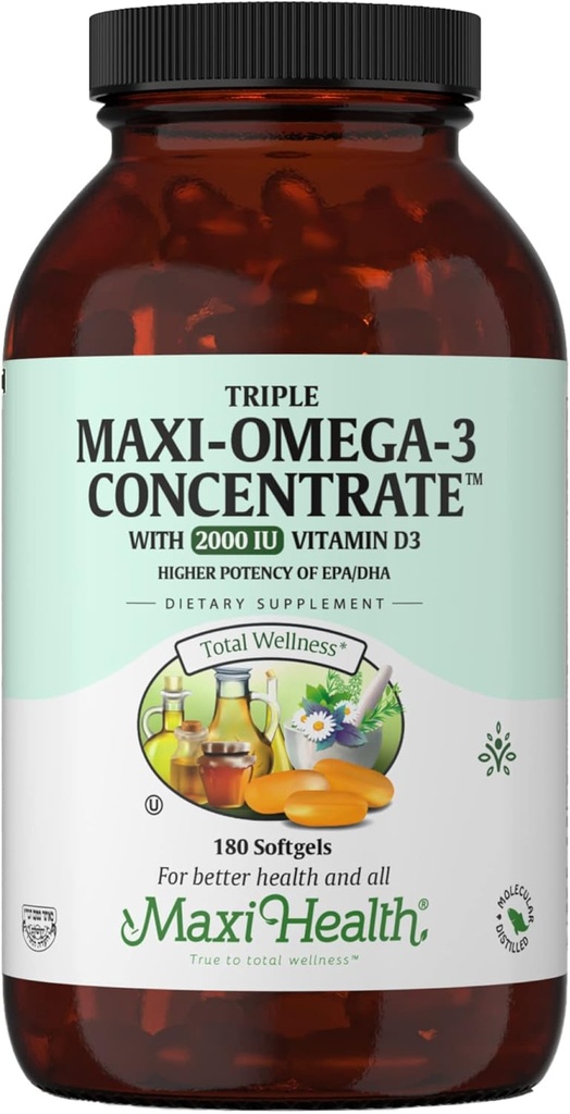 Omega 3 dodatek - Omega-3 ribje olje Trojni koncentrat z vitaminom D3 - Močni vir EPA/DHA Maščobne kisline - srce, možgani, skupno zdravje - Kosher Certified Wild Catch Marine Fish - 180 Softgels