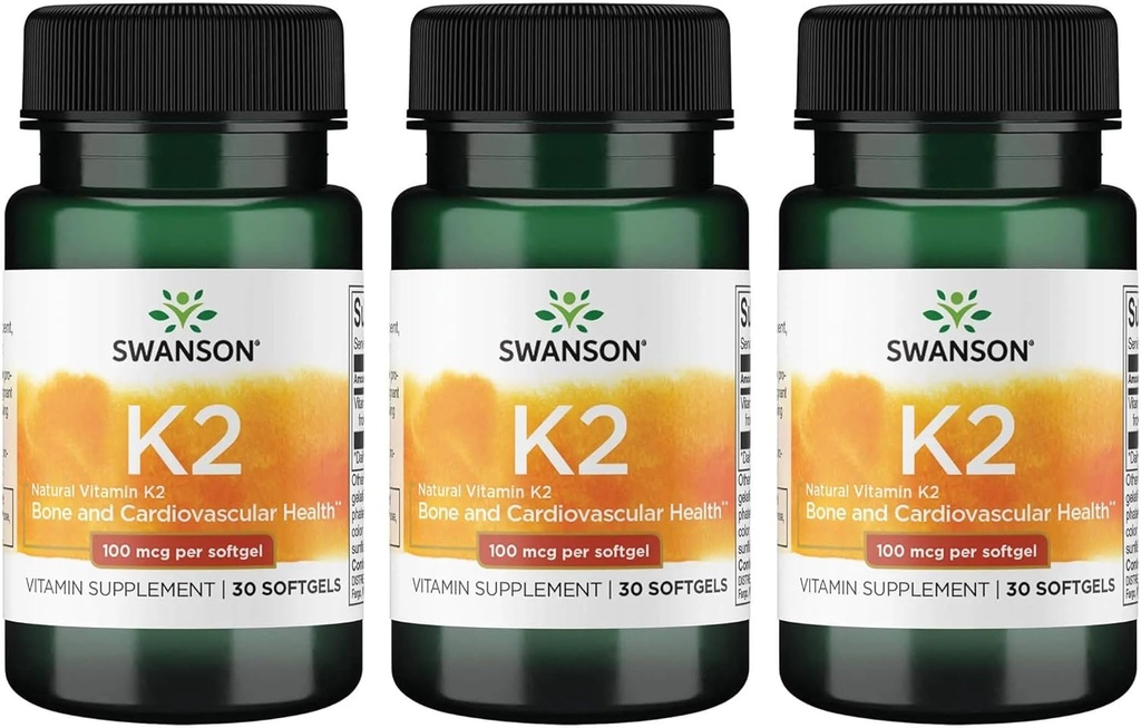 Swanson Vitamin K2 (Menakinon-7) - Vitamin dopolnilo podpirajo kardiovaskularno in zdravje kosti - Izdelan iz japonskega Natto za pomoč Regulirati kalcij - (30 Softgels, 100mcg vsak) (3 Pack)