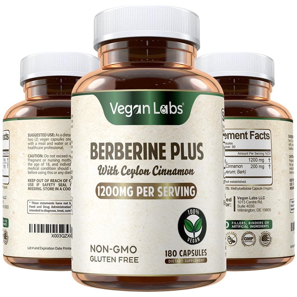 Veganski laboratoriji Berberine HCL 1200MG z organskim cejlonom Cinamon- 180 Veganske kapsule – podpira splošno zdravje in imunski sistem