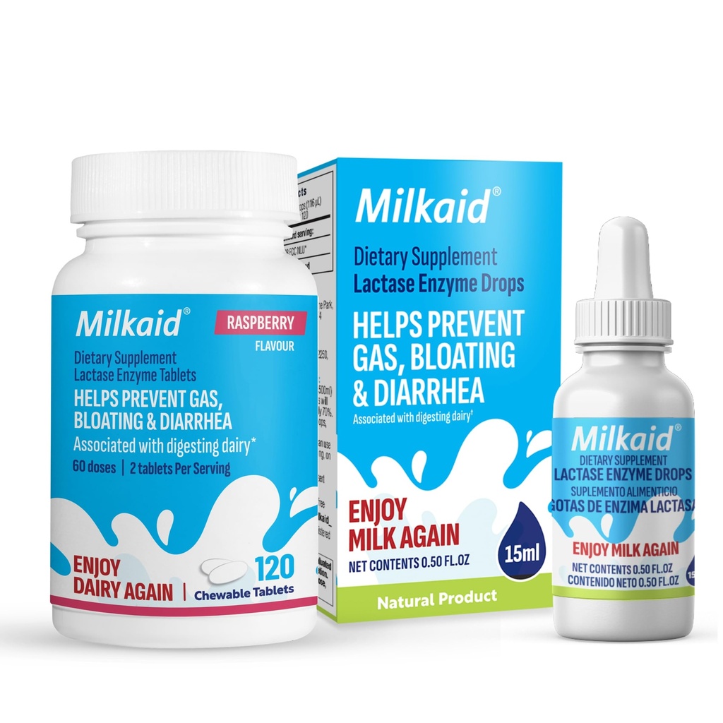 Milkaid Laktaza Enzyme Kapljice Tablete za Laktoza Intolerance Relief 