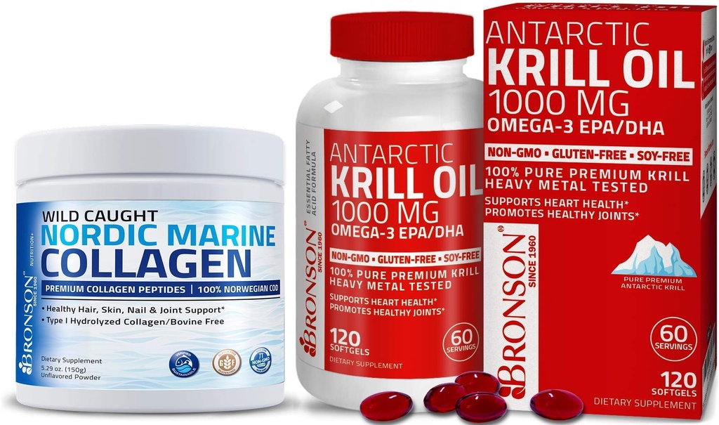 Bronson Marine Collagen Peptides Hidrolizirani Beljakovine v prahu + Antarktično olje krila 1000 mg z Omega-3s EPA DHA