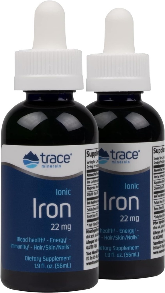 Trace Minerals Ionic Iron, 22mg - Energy Support Supplement with Magnezij & Iron - Aid Brain Health & Imun System Function - Gluten-free Liquid Supplement - 1.9 fl oz (2 paket) (92 Servings)