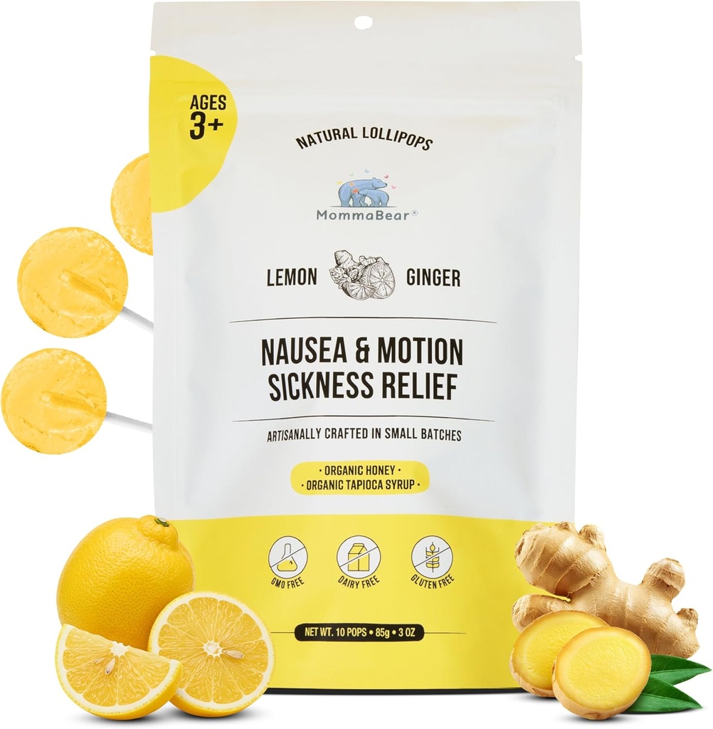 MamaMedear slabost in gibanje Bolezen lizike – Non-GMO Lemon & Ginger Candy za slabost – Organic lizike za otroke 3+ & Nosečnice za lajšanje Queasiness – Tesno zaprta za svežost (10 pakiranje)