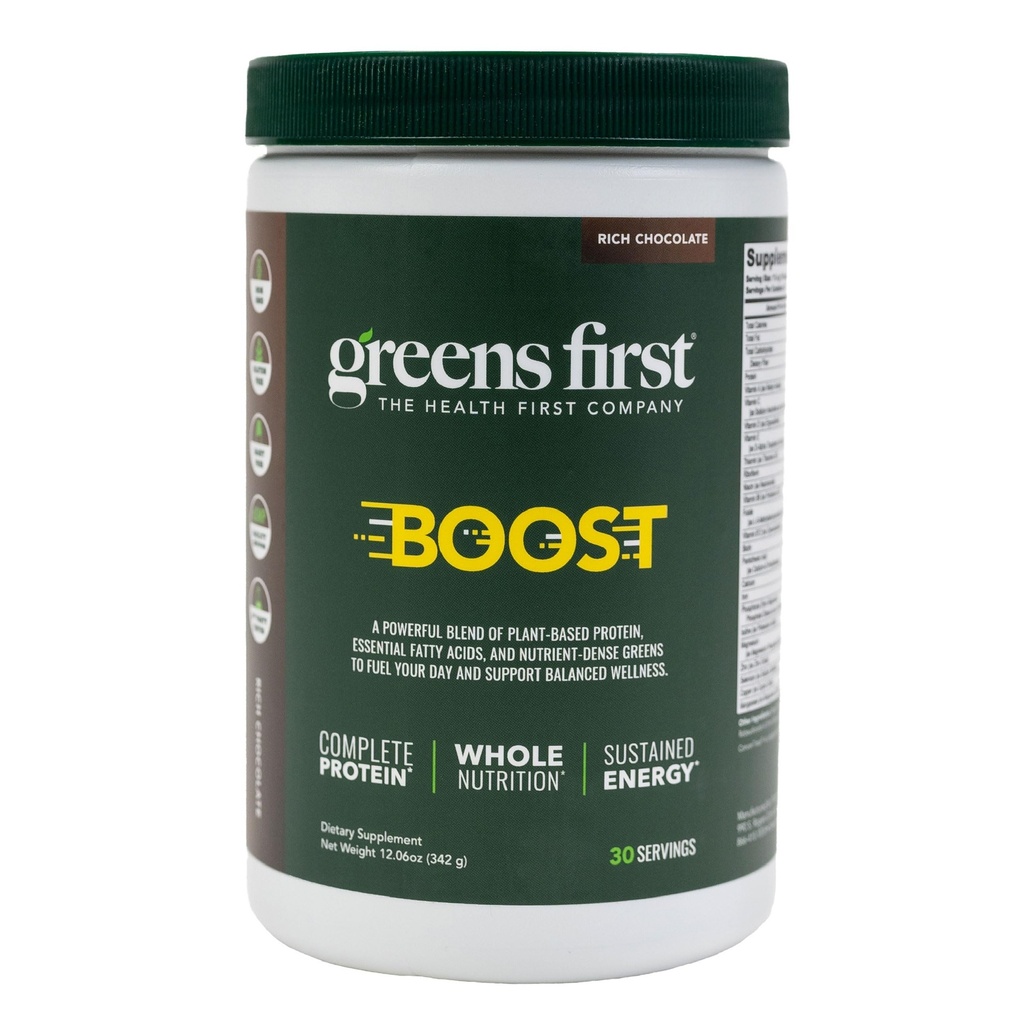 Greens First Boost - na rastlinah temelječe beljakovine & uravnotežena prehrana - Superfood Shake Mix - No Wheat or Soy - Dairy-free - Vegan - Nizozemska čokolada, 12.28 oz.