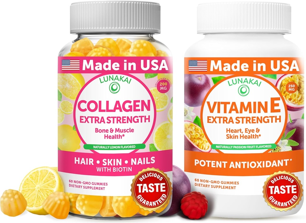 Lunakai Colagen in vitamin E Gummies Bundle - Ne-GMO Anti Staranje dopolnila za moške in ženske - Naravni Gummy z vitaminom C & 250 mg Naravni VIT E