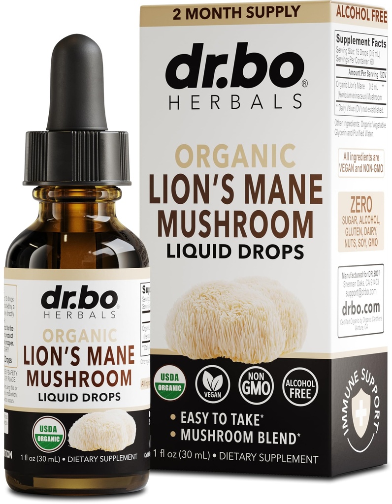 Levi Mane goba dopolnilo kapljice - Ekološki lev grivasta goba tekoča tinktura za fokus, Fog Brain Health dopolnila - Vegan Herbal Nervine Nootropic Organic Lions Liquid dodatek ekstrakt 1oz