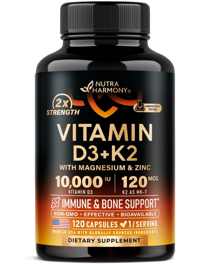Vitamin D3 K2 - Vitamin D3 10000 iu & K2 kot MK-7 120 μg - Imunska in razpoloženjska podpora, za zdravje kosti in zob - z magnezijem, cinkom in vitaminom C & B12 - Zelo biološko na voljo - Izdelano v ZDA, 120 Kapsule