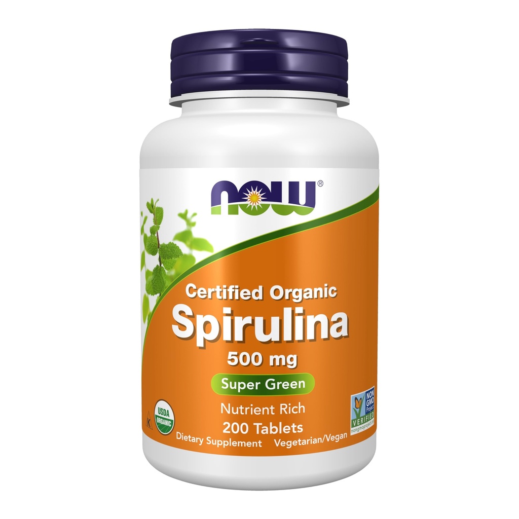 NOW Foods Supplements, Organic Spirulina 500 mg z vitamini, minerali in GLA (gama-linolenska kislina), 200 tablet