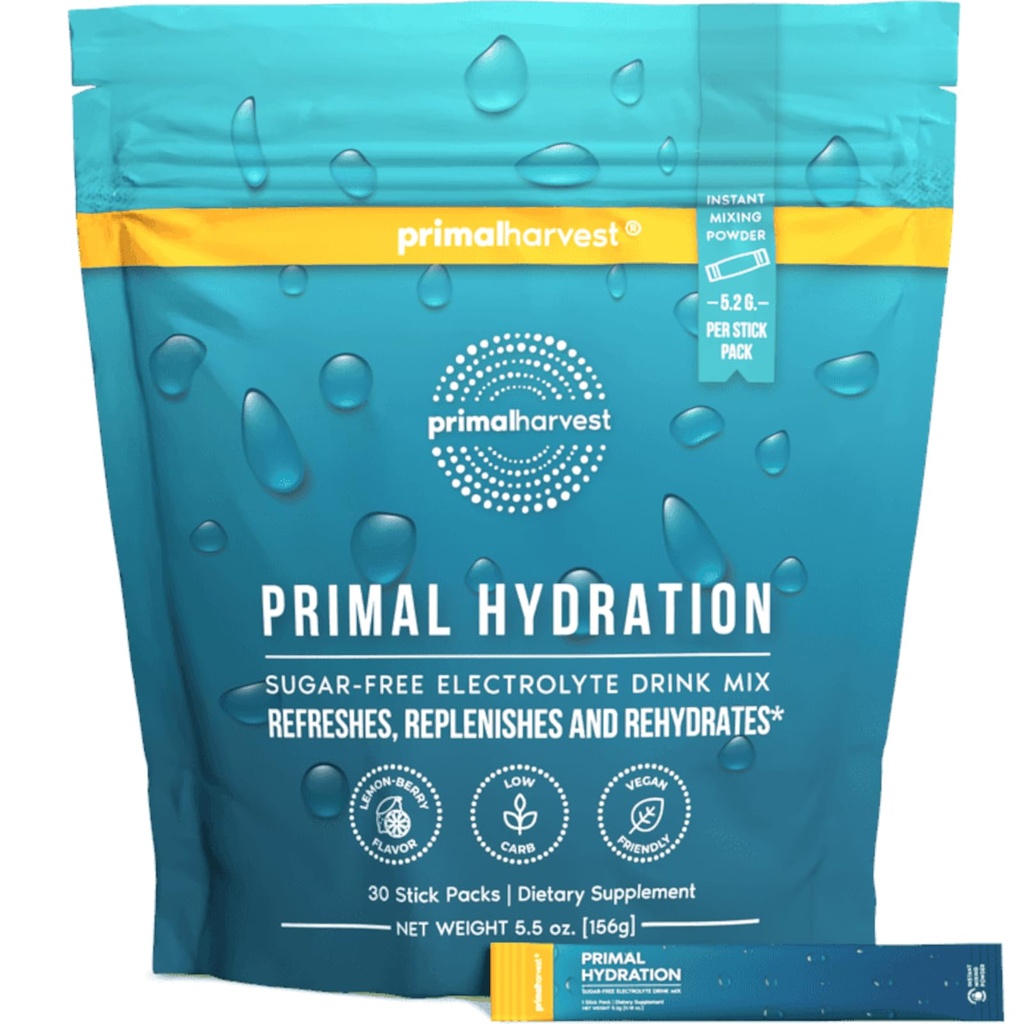 Primal žetev Elektroliti Powder Packets Primal Hydration, Easy Open Packets, Energy Drink Mix (Lemon Berry, 30 paketov) (1 vrečka)