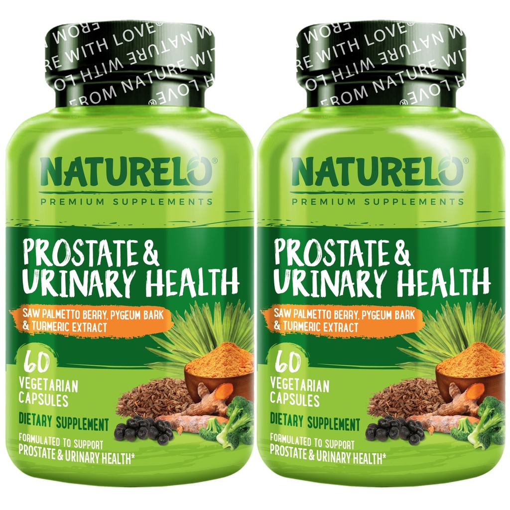 NATURELO Prostata & Zdravje sečil, Celovita formula z žago Palmetto, Pygeum, Tumerik, Rastlinski steroli, Brokoli in likopen, 60 Vegetarijanske kapsule (paket z 2)