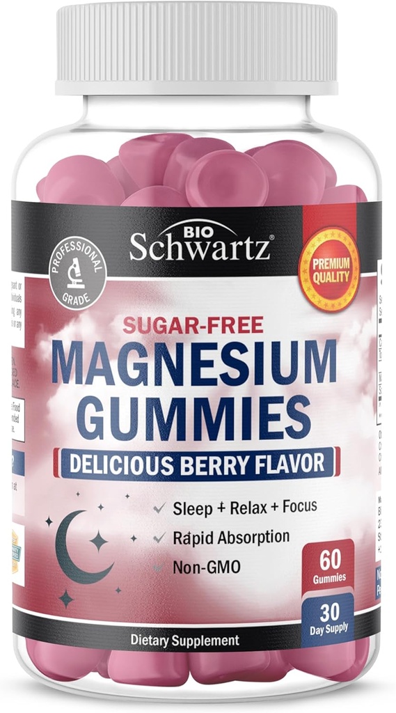 BioSchwartz Sugar Free Magnezij Gumies (30 serviranja) Berry Arowed Magnezijev Citrat dodatek Podpira Zdrave Živci Mišice Energija Mirno Mood in spanje (Vegan Safe, Non GSO, 60 Gumies)