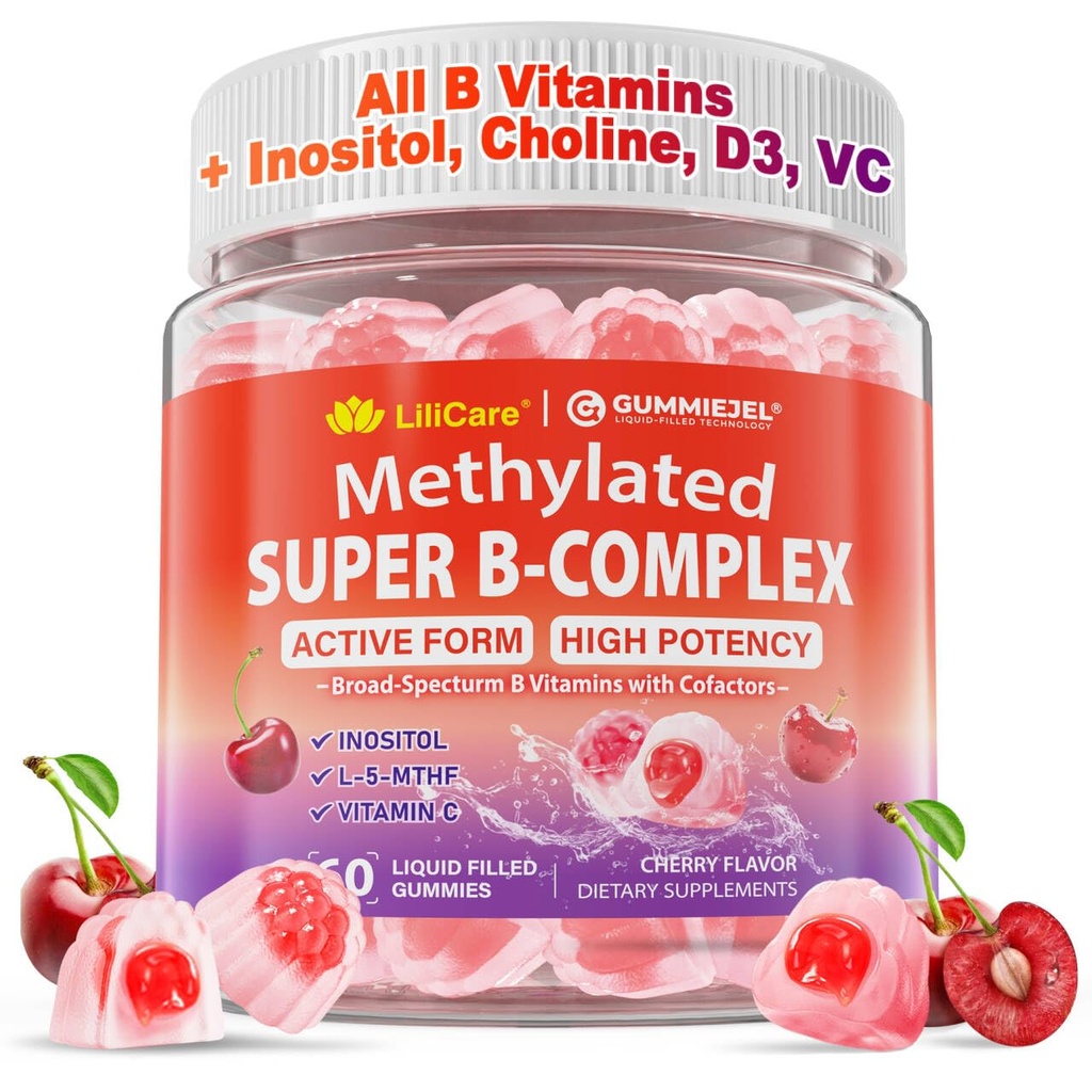 Methylated Vitamin B Complex Gummies for Women & Men - 12-in-1 Multivitamin with 1000 mcg Methyl B12, 1700 mcg Methylfolate, 2000 mcg Biotin, Inositol for Energy, Brain, Healthy Hair, Sugar Free, 60ct