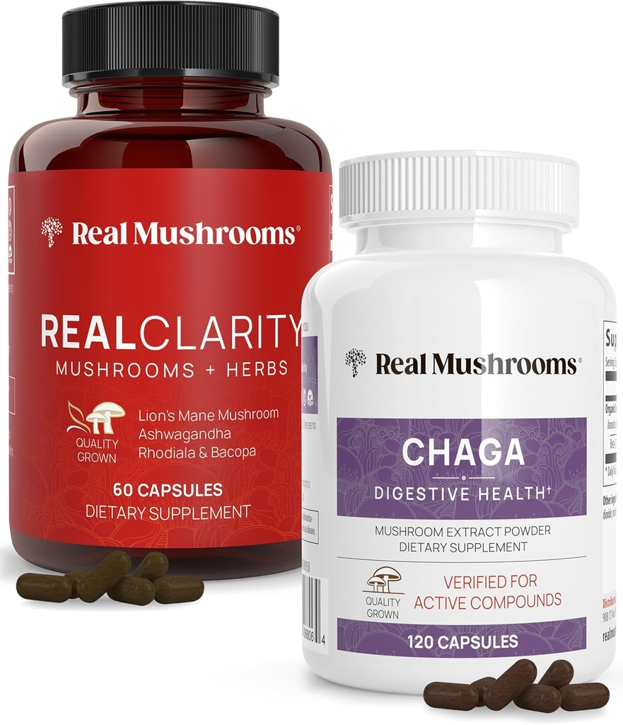 Realne gobe RealClarity (60ct) in Chaga (120ct) Kapsule Bunde - Gobe dopolnilo za mentalno jasnost, Fokus, Prebavno zdravje in imuno podporo - Vegan, Ne-GMO, Preverjene ravni beta-glukanov