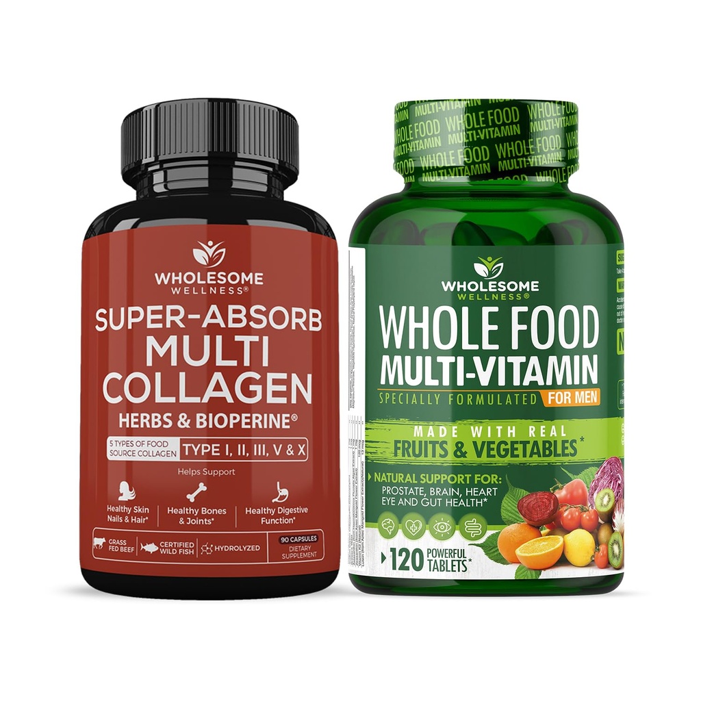 Zdrava Wellness Super-Absorb Več kolagenske tablete (tip I II III V X) Organska zelišča in bioperin + cela hrana Multivitaminski za moške - naravni multi vitamini, minerali, ekološki ekstrakti