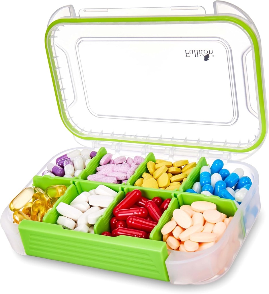 Fullicon velike tablete Organizator z 8 Kompartmenti, Vlaga dokaz tablete potovalne škatle z Odstranljivi Diverter, Dnevne tablete vsebnik z Lables, Pill Case za vitamin, ribje olje, dodatek (Počisti zelena)