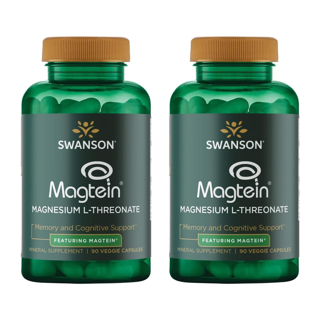 Swanson Magnezijev L-treonat - Mineral Supplements Promocija zdravja živčevja - Lahko podpira kognitivno zdravje, učenje in spomin - (90 Veggie Kapsule) (2 paket)