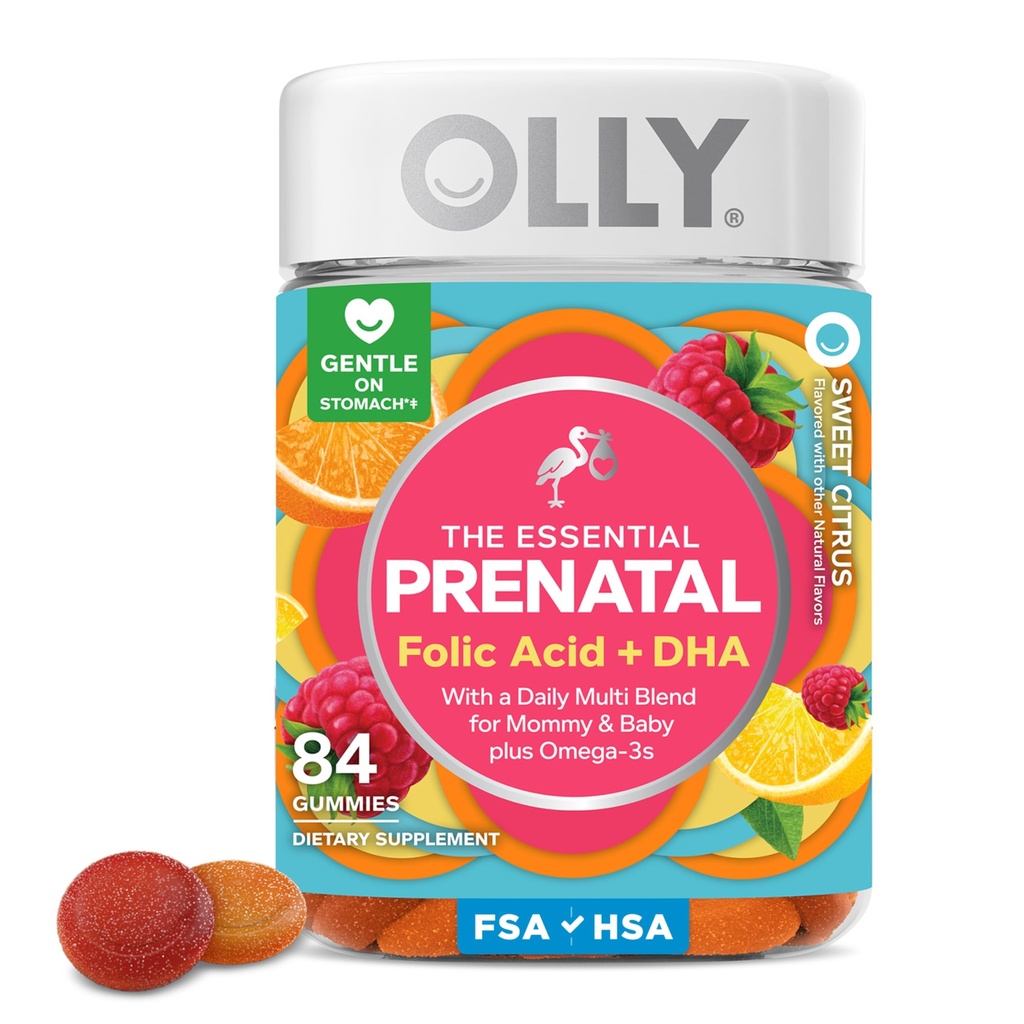 OLY Essential Prednatal Gummy Multivitamin, Folna kislina, Vitamin D, Omega 3 DHA, Podpira zdravo rast in razvoj možganov, Citrus Berry - 84 Count