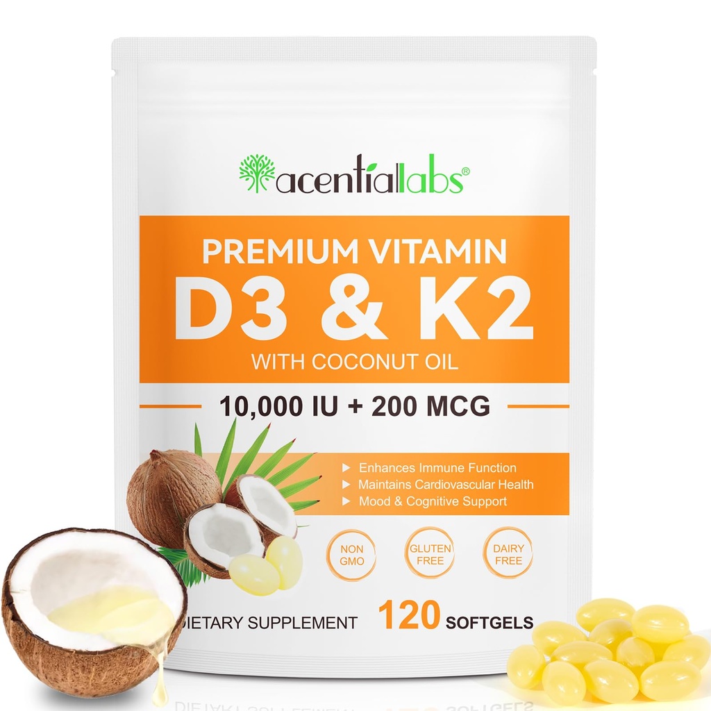 Vitamin D3 K2 Supplement Softgels, 10000 i.e. VIT D3 + 200 MCG K2 (MK-7) 