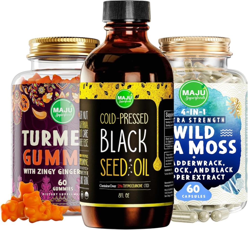 Maju Superfoods črno seme olje, 4-v-1 Sea Moss kapsule in kurkumin Ginger Gumies paket