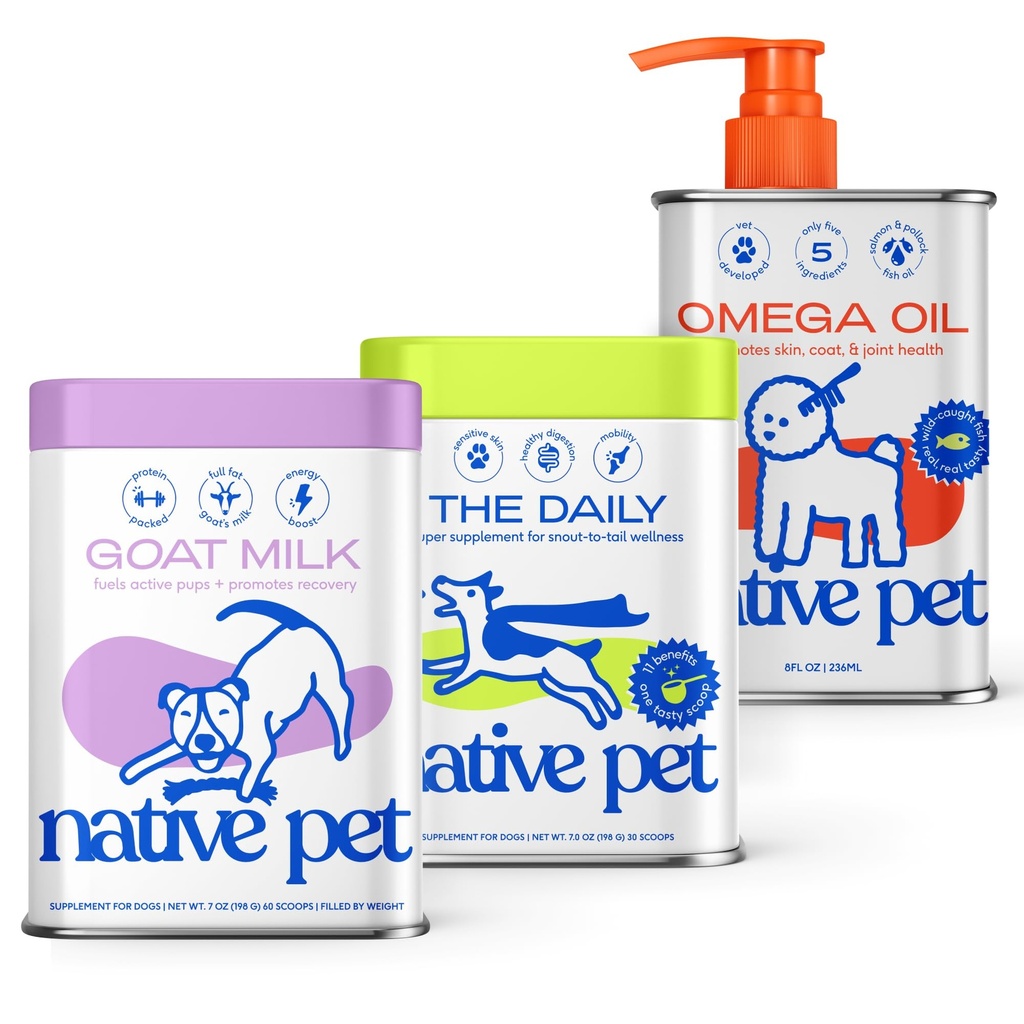 Native Pet Health & Wellness Bundle: Organic Goat Milk Powder for Vitality (60 Scoops), Daily Multivitamins for Immunity (30 Scoops) & Omega-3 Fish Oil for Coat & Heart Support (8 Oz.)