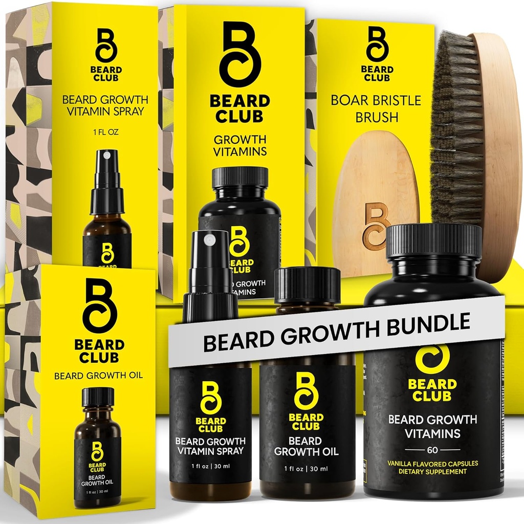Brada klub Premium Brada rast komplet - Rastno olje, Vitamini, Vitamin Spray & Boar Brist čopič - Darilni komplet