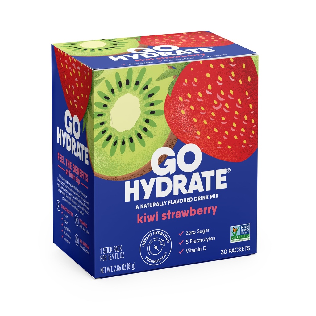 GoHydrate Instant Hydration Powder Packets - Nizki natrijevi elektroliti Drink Mix - naravna Hydration Podpora, Sladkor brez dodanega elektrolita v prahu pijača z vitaminom D, 30 Packs, Kiwi Jagoda