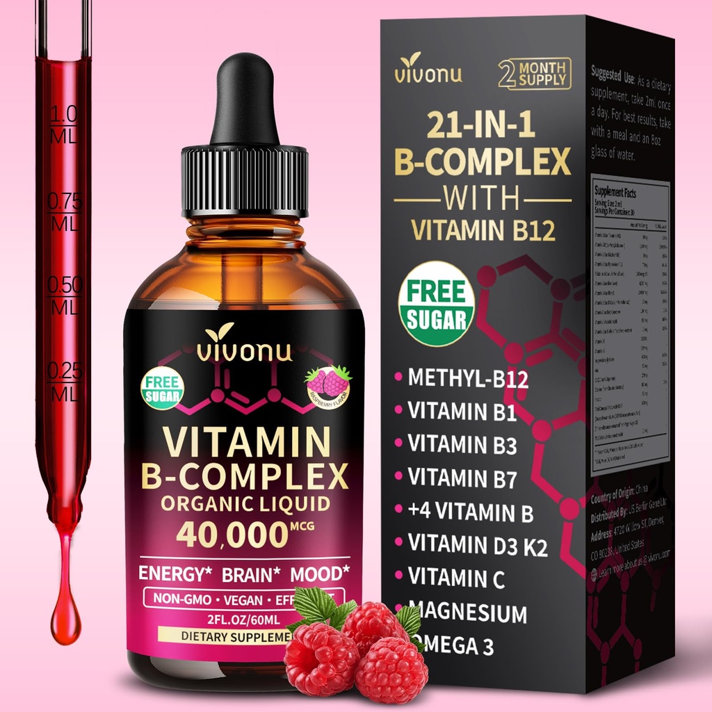 VivoNu Vitamin B Complex Liquid Drops, Inositol B8 (50mg), Vitamin B12 (6000 mcg), B6 B1, B2, B3, B5, and Methylfolate Support Energy, Raspberry Flavor, Natural Ingredient, Non GMO