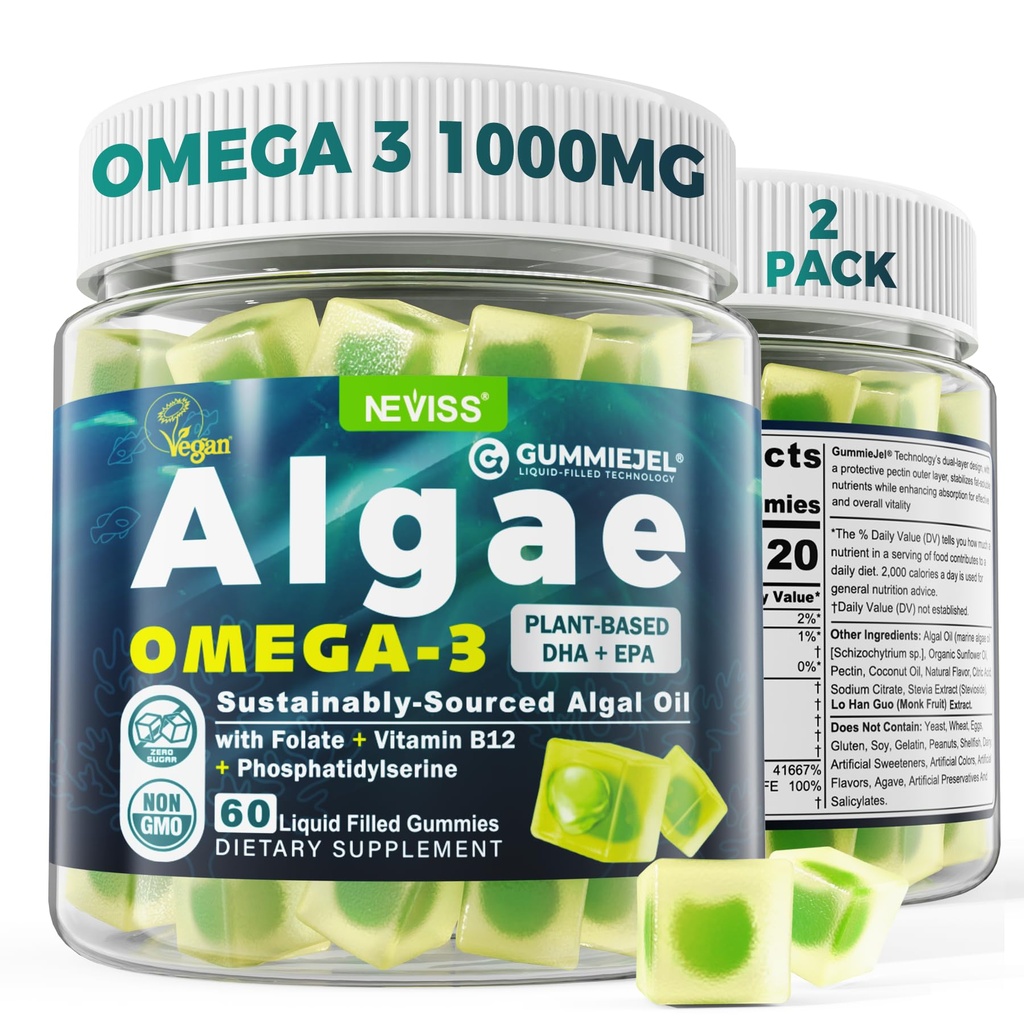 2 Pack Algae Omega 3 Gumies 1000mg, Rastlinski osnovi DHA 460mg & EPA 230mg, Omega 3 Ribje olje Alternativno za odrasle, Plus metilfolate, vitamin B12, fosfatidilserin, Brez ribjega okusa, Vegan, brez sladkorja