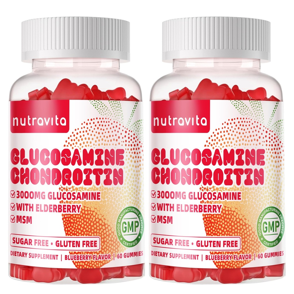 Nutravita Glukozamin Chondroitin Gumies z MSM & Elderberry Dodatna moč - skupna podpora, Antioksidant Imunska podpora dodatek za odrasle, moške in ženske. 120 jagodnih žvečičev