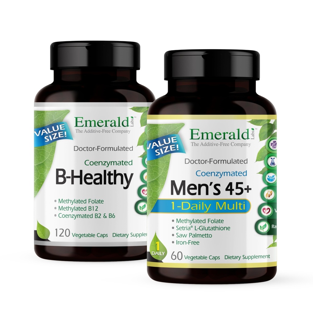 EMERALD LABS paket z B zdravo (120 Veg Caps) & moški 45+ 1-Daily Multi (60 Veg Caps) - Vegan vitamin B kompleks s polnim spektrom B vitamini - moški multivitamin z CoQ10, likopen & več