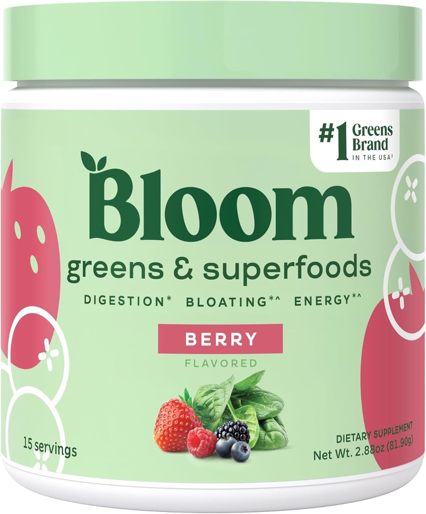 Bloom Nutrition Superfood Greens Powder, Prebavni encimi w/Probiotiki & Prebiotiki, Gut Health, Napenjanje Relief za ženske, Klorella, 15 SVG (15 Servings (Pack of 1), Berry)