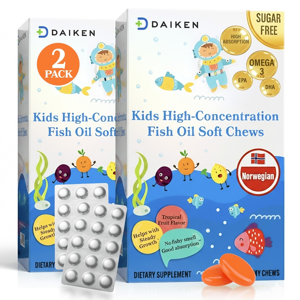 DAIKEN High Concentration Kids Fish Oil Omega-3 Gummies, No Sugar Added, Individually Wrapped, 300 mg DHA & EPA with Vitamin D3 for Kid, 30 Count, Tropical Fruit Flavor, Norwegian Sourced (Pack of 2)