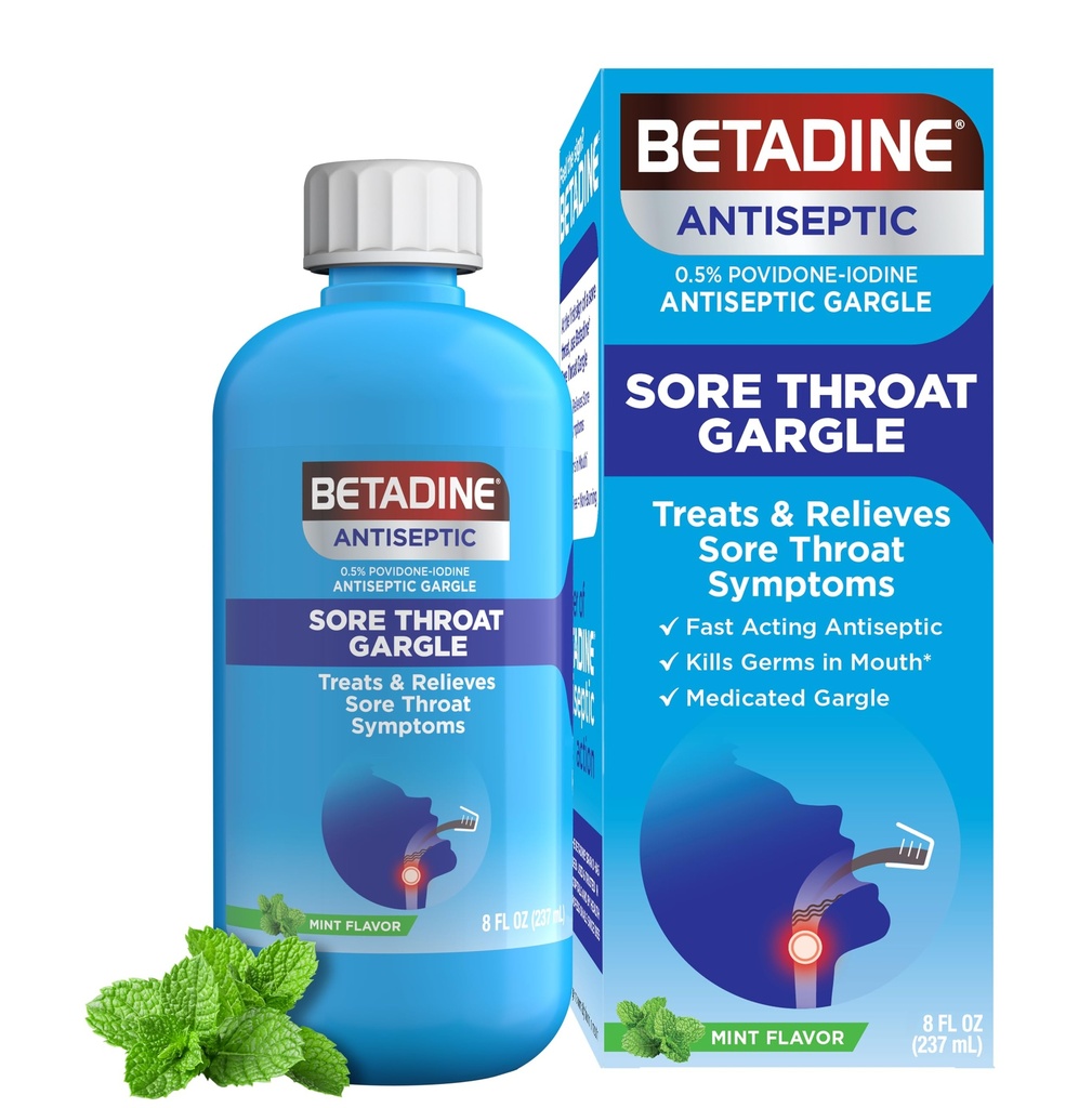 Betadin Antiseptični Medicated Gargle, Povidon-Iodine 0,5%, Zdravljenje in lajšanje boleče simptome grla, Začasno zmanjša kalčke običajno najdemo v ustih, Mint Flavor, 8 FL OZ