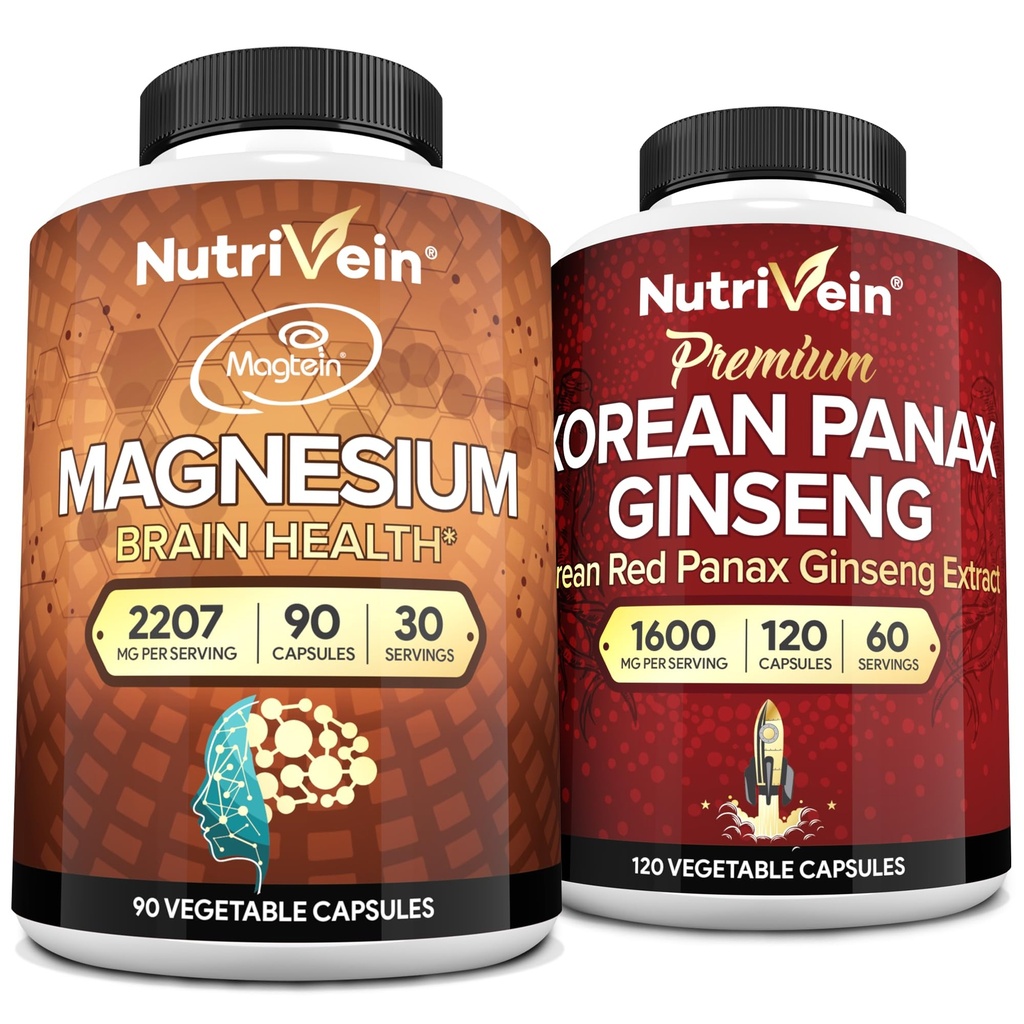 Nutrivein Premium Magnezijev L-treonat & Panax Ginseng dodatek paket: Visoko-Absorpcija Magnezijev Treonat in Red Ginseng dodatek Pair za možgane, Mood, & Vitalnost