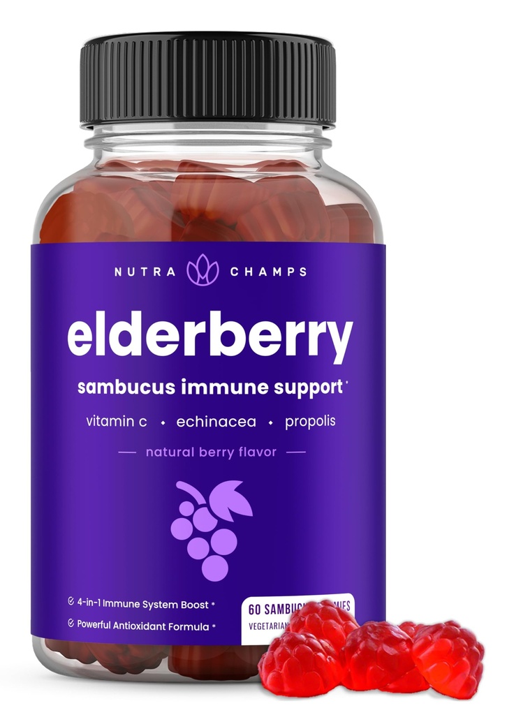 NutraChamps Elderberry Gumies z vitaminom C, Propolis & Echinacea - Imunski sistem podpora Gummy Vitamini za odrasle in otroke - Max Jakost 200mg Sambucus Antioksidant