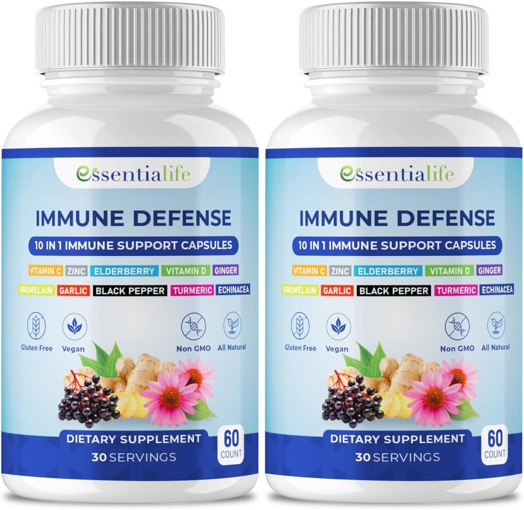 Imunska podpora - 2 pakiranji 10 v 1 Bezgovina, Echinacea, Vitamin D, Vitamin C 1000mg & Cinkov dodatek - z imunskim ojačevalnikom za odrasle - 120 Vitamini Kapsule