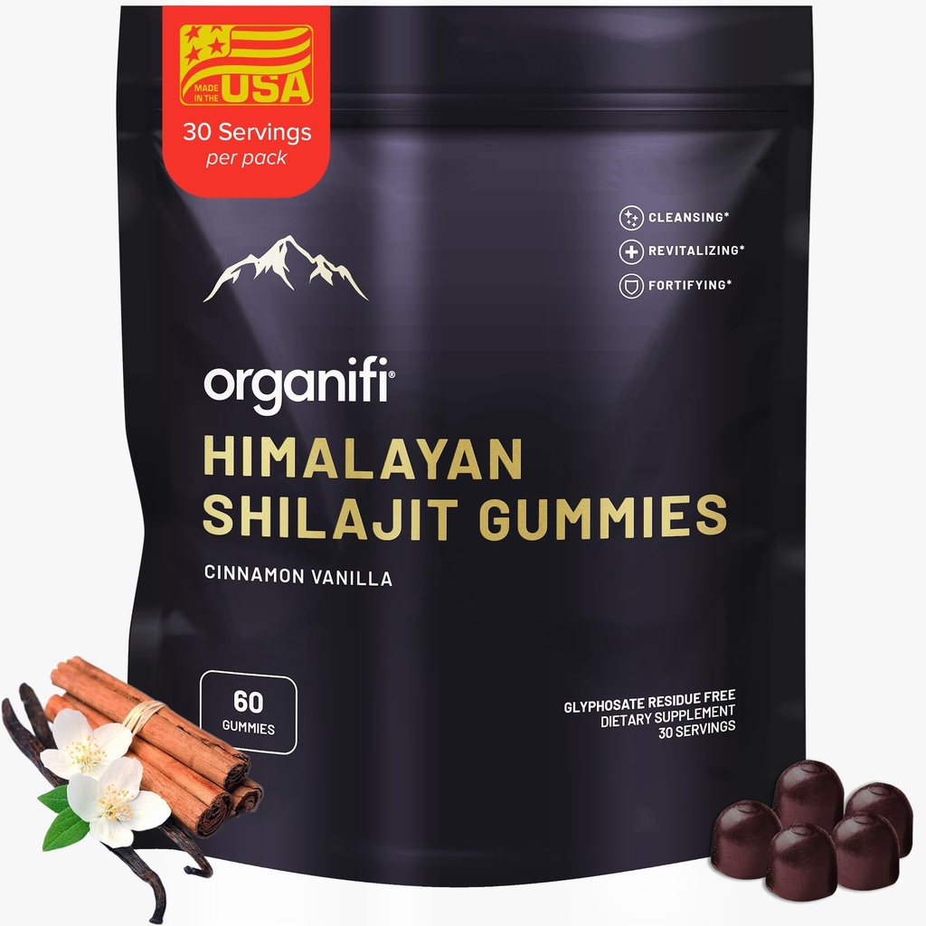 Organifi Shilajit Gumies - Himalajski Shilajit za moške in ženske s PrimaVie Shilajit, 40-Plus Trace Minerals, in več - Hormone Balancer, povečuje celično energijo, Beats utrujenost, in več, 60 grof