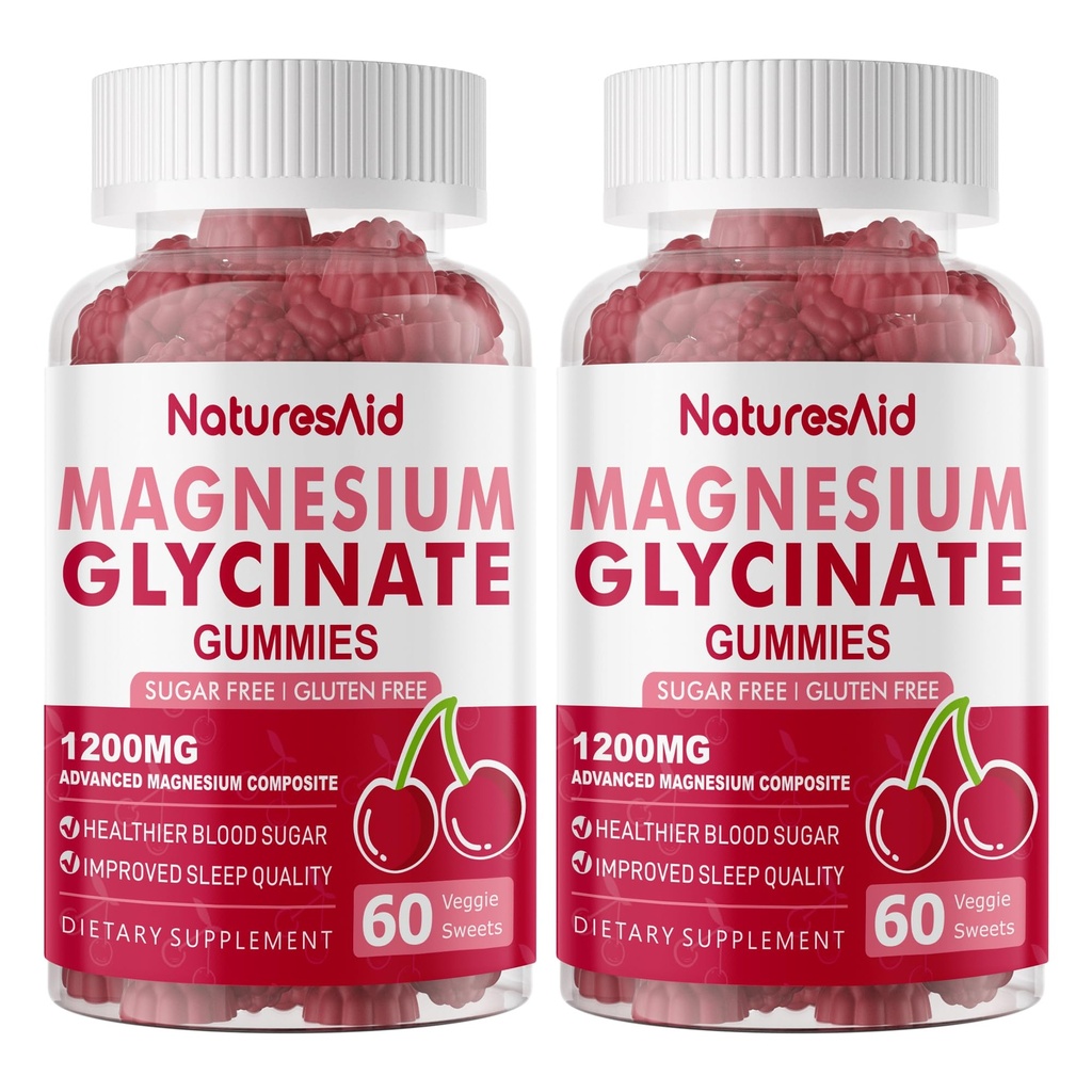 Magnezij Glycinate Gumies 1000mg - Brez sladkorja Magnezij Kalij dodatek z vitaminom D, B6, CoQ10 za mirno Mood in podporo za spanje - 120 Cherry Gummies -2 Pack.