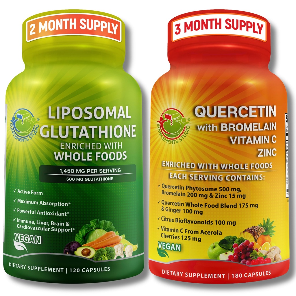 Liposomski glutation 500mg & Quercetin z bromelainom, cinkom in vitaminom C – antioksidant in imunosupresivna mešanica z organskimi celimi živilskimi mešanicami – Veganska, ne-GMO dihalna formula