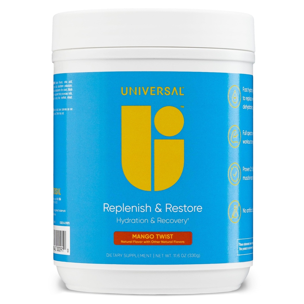 Universal U Replenish & Restore Powder, Hidracija & Recovery, Spodbuja mišice popravila in rast, po meri odmerjanje, L-Lysine, L-Glutamin, L-Triptofan, Brez umetnih arom, 30 Serving (Mango Twist)